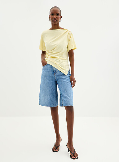 Contemporaine Corn/Vanilla Yellow Asymmetrical hem pleated T-shirt for women