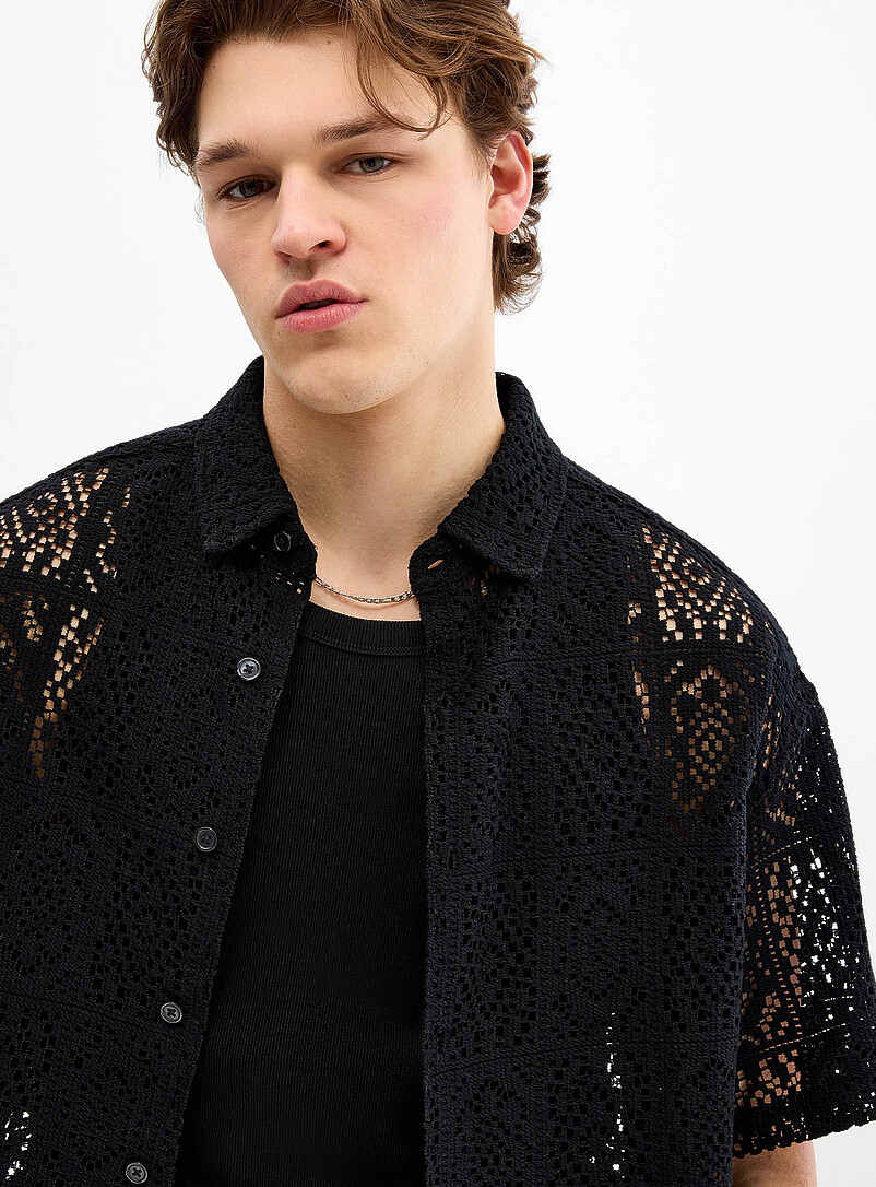 Djab Black Mosaic crochet shirt <b>Boxy fit</b> for men