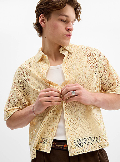 Djab: La chemise en crochet mosa&iuml;que <b>Coupe carr&eacute;e</b> Jaune ma&iuml;s - Vanille pour homme