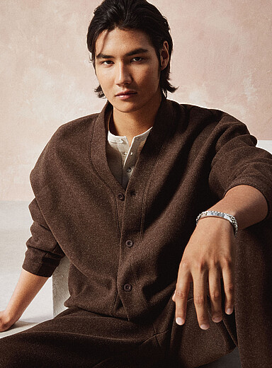 Le 31: Le cardigan col V feutre chin&eacute; Brun pour homme