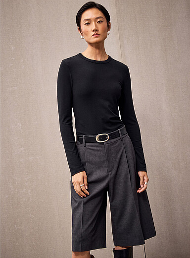 Flowy mini-ribbing crew-neck T-shirt