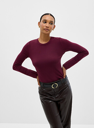 Flowy mini-ribbing crew-neck T-shirt