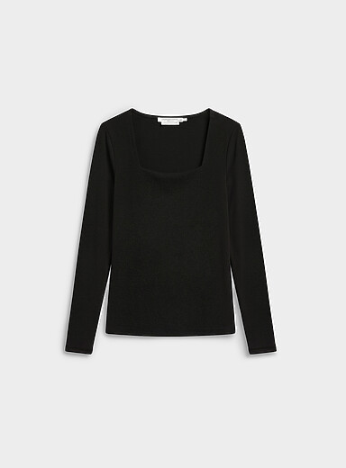 Square neckline mini-ribbing flowy T-shirt