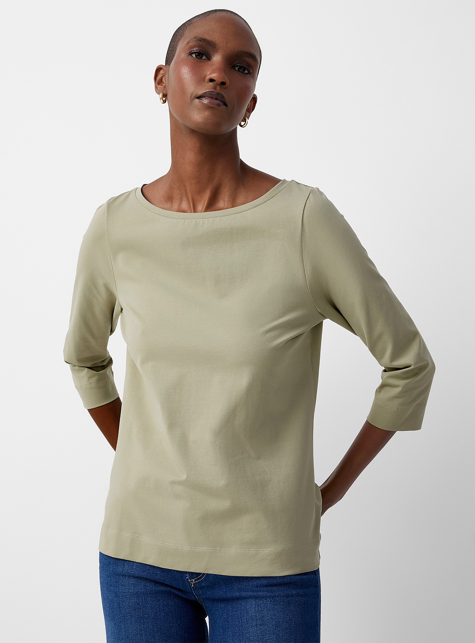 Contemporaine 3/4 Sleeves Boat Neck Supima Cotton T-shirt In Green