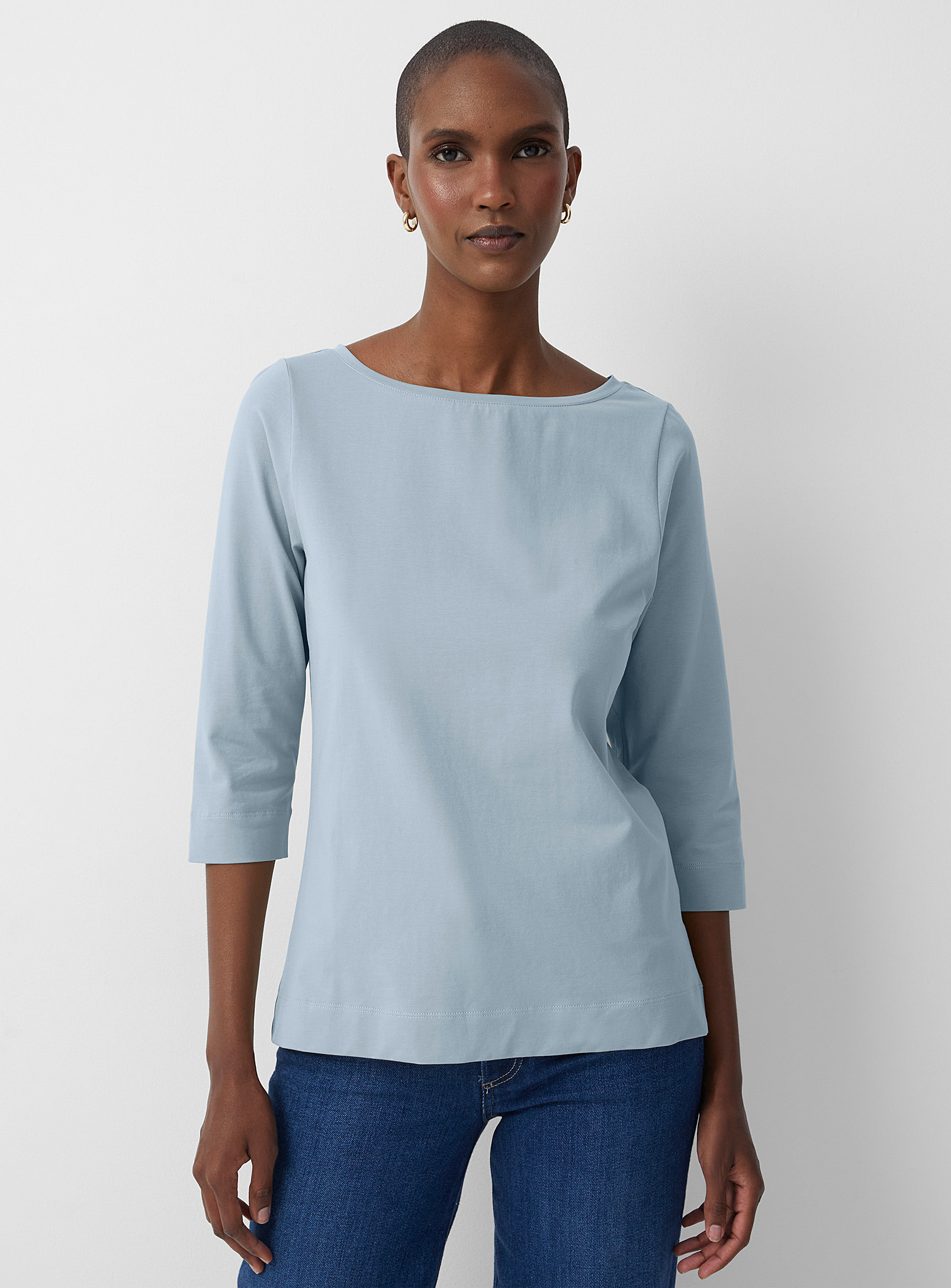 Contemporaine 3/4 Sleeves Boat Neck Supima Cotton T-shirt In Green