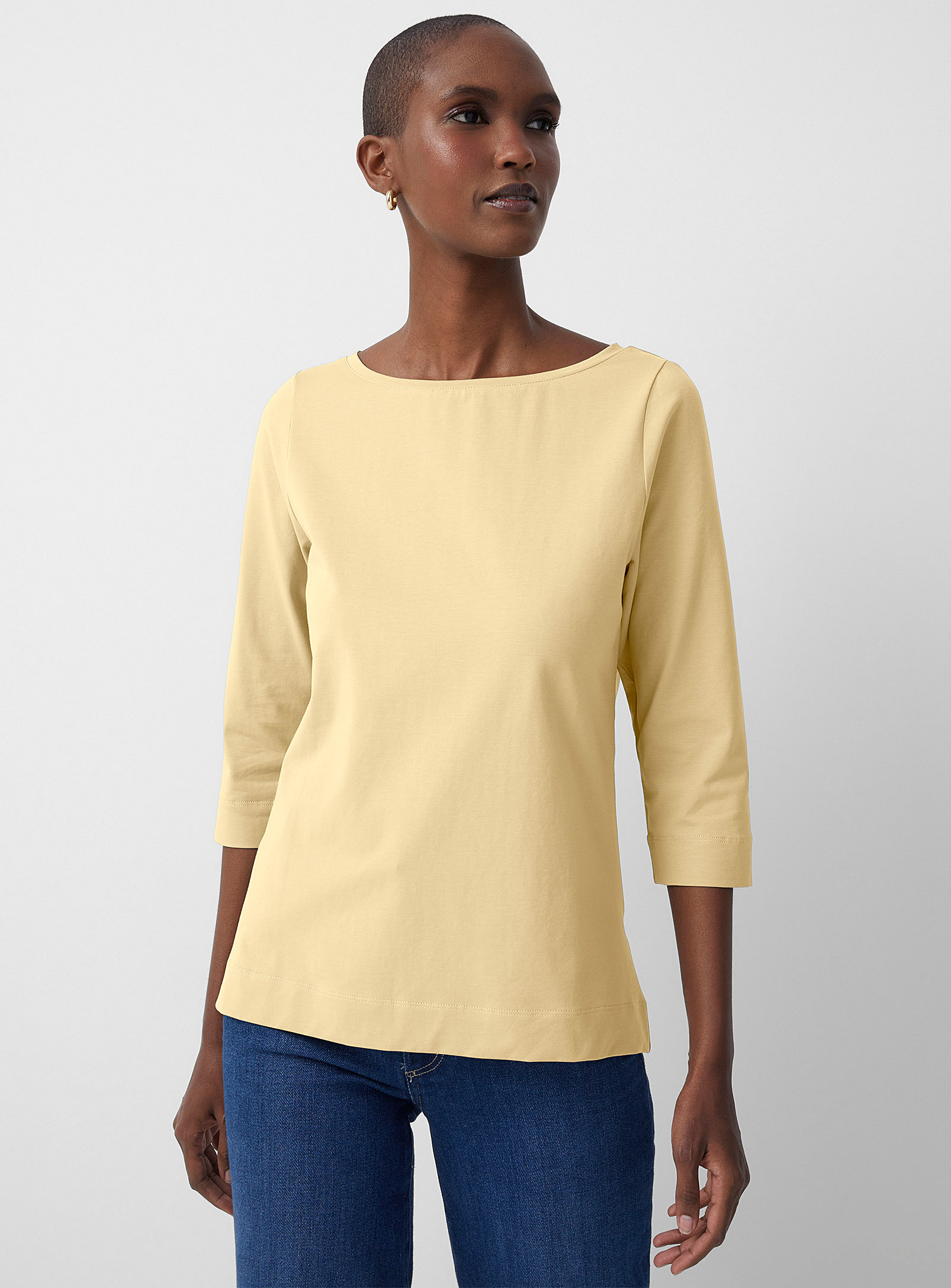Contemporaine 3/4 Sleeves Boat Neck Supima Cotton T-shirt In Yellow