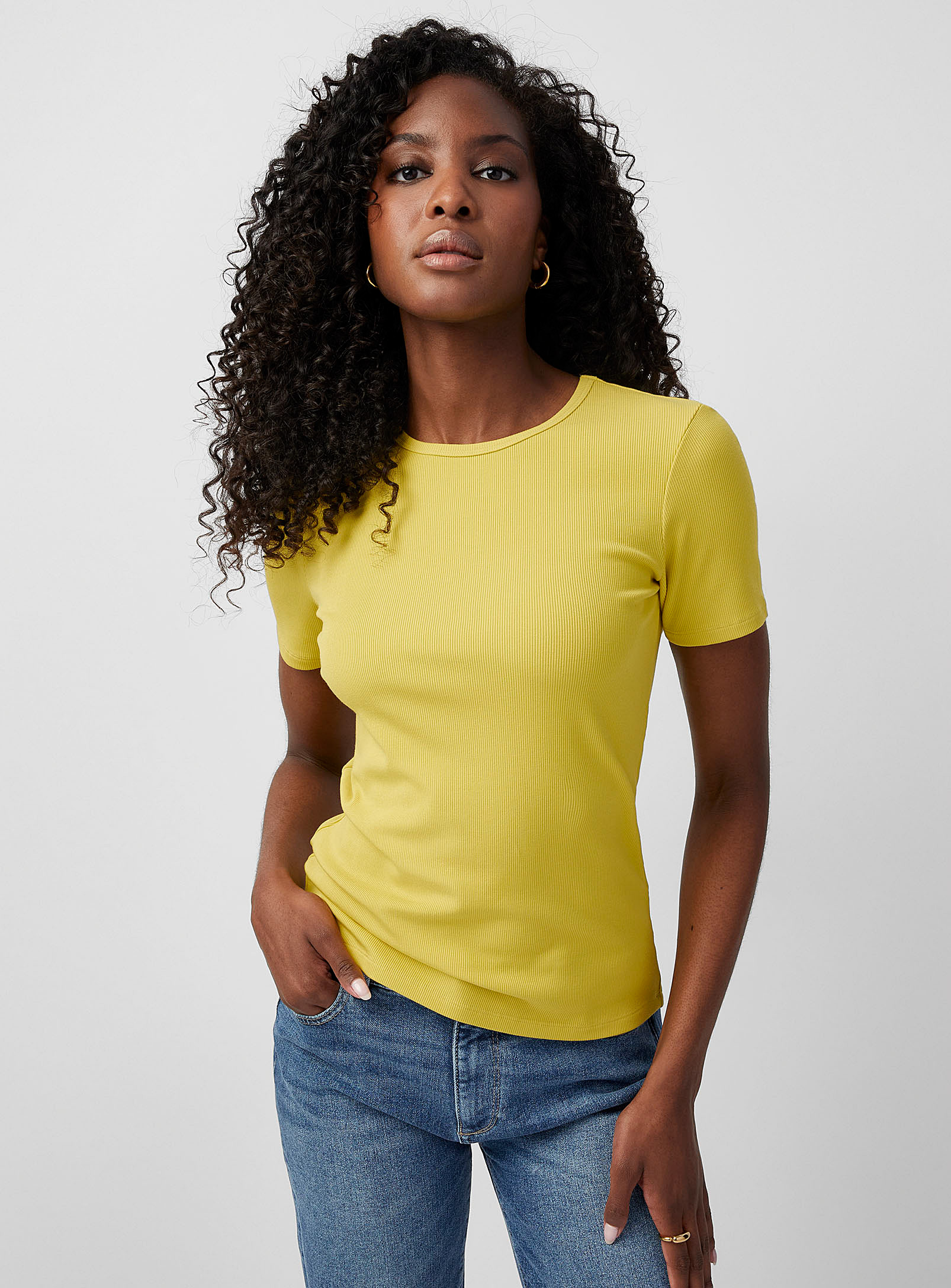 Contemporaine Baby-rib Crew-neck T-shirt In Bright Yellow
