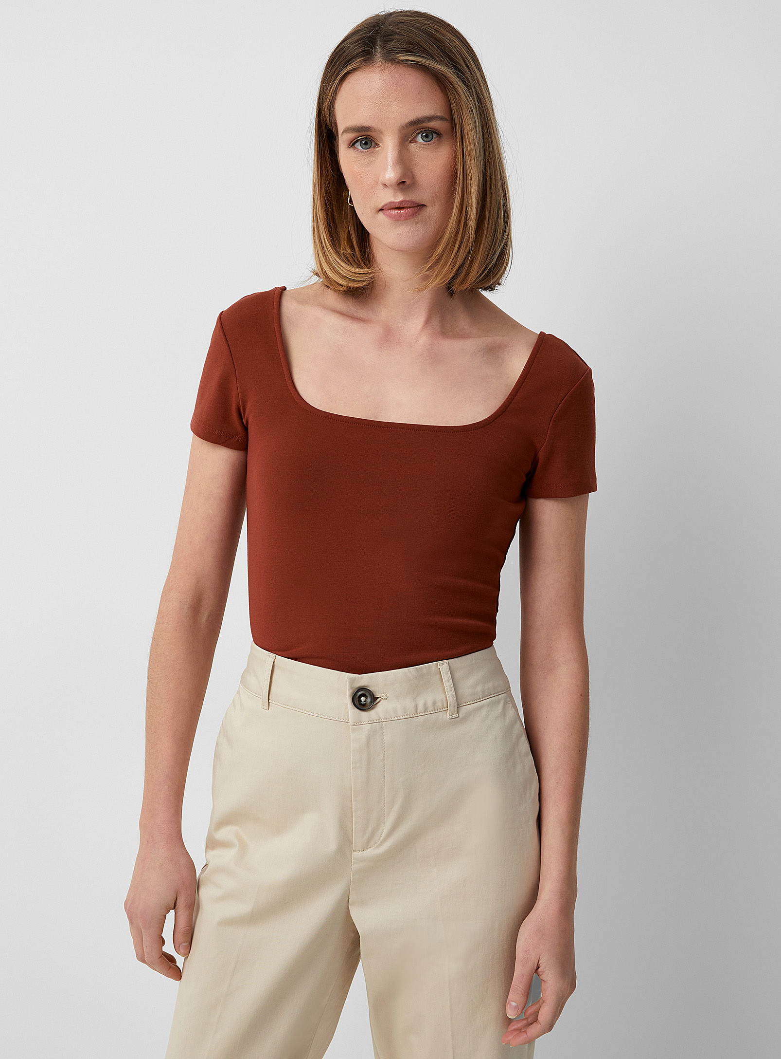 Contemporaine Square-neck Modal T-shirt In Medium Brown