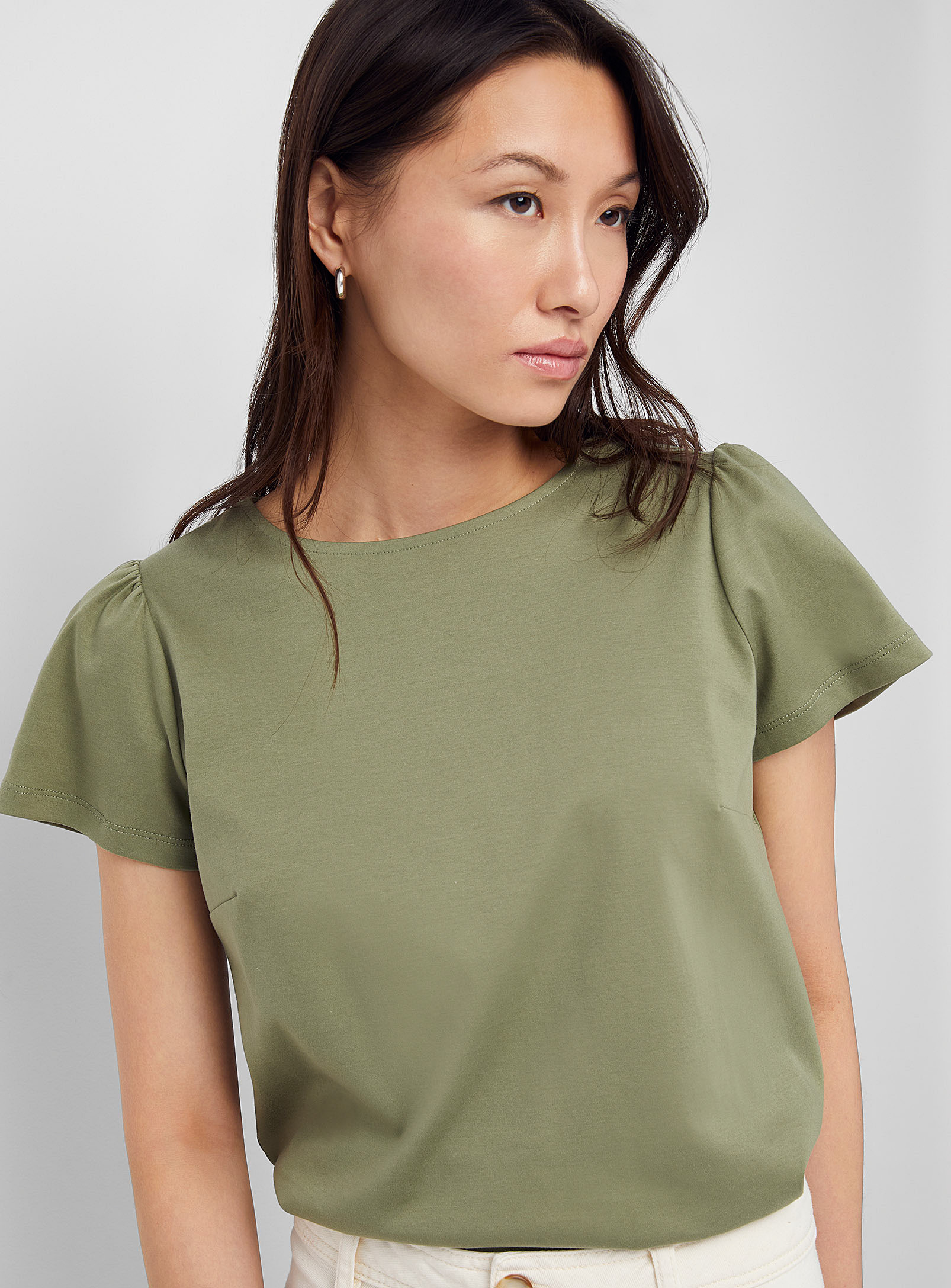 Contemporaine Gathered Sleeves Structured T-shirt In Mossy Green