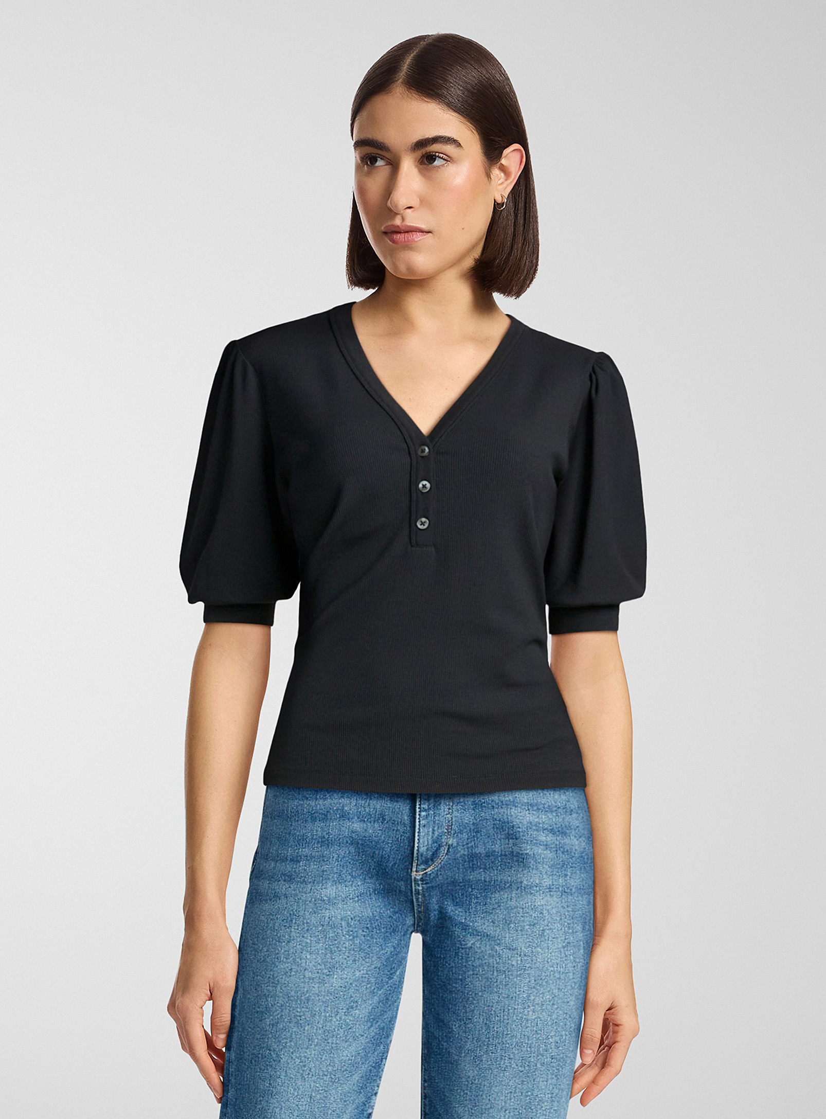 Contemporaine Puff-sleeve Buttoned Collar T-shirt In Black