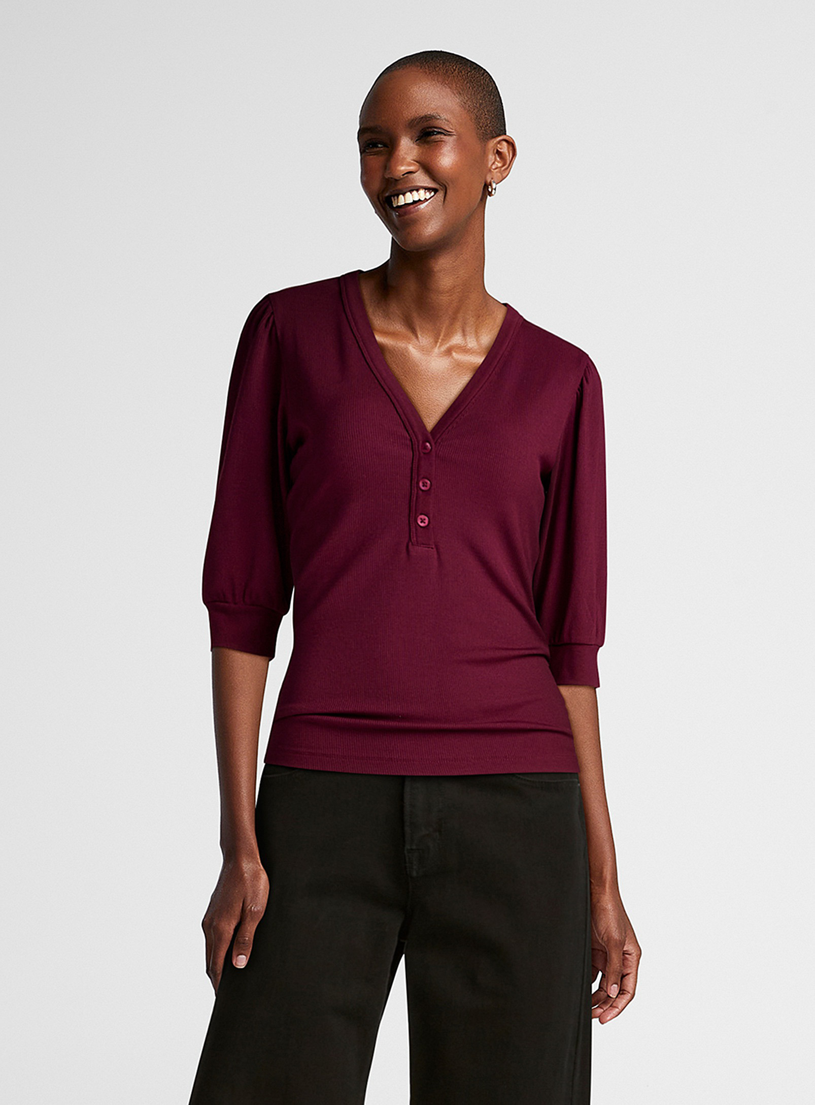 Contemporaine Puff-sleeve Buttoned Collar T-shirt In Burgundy