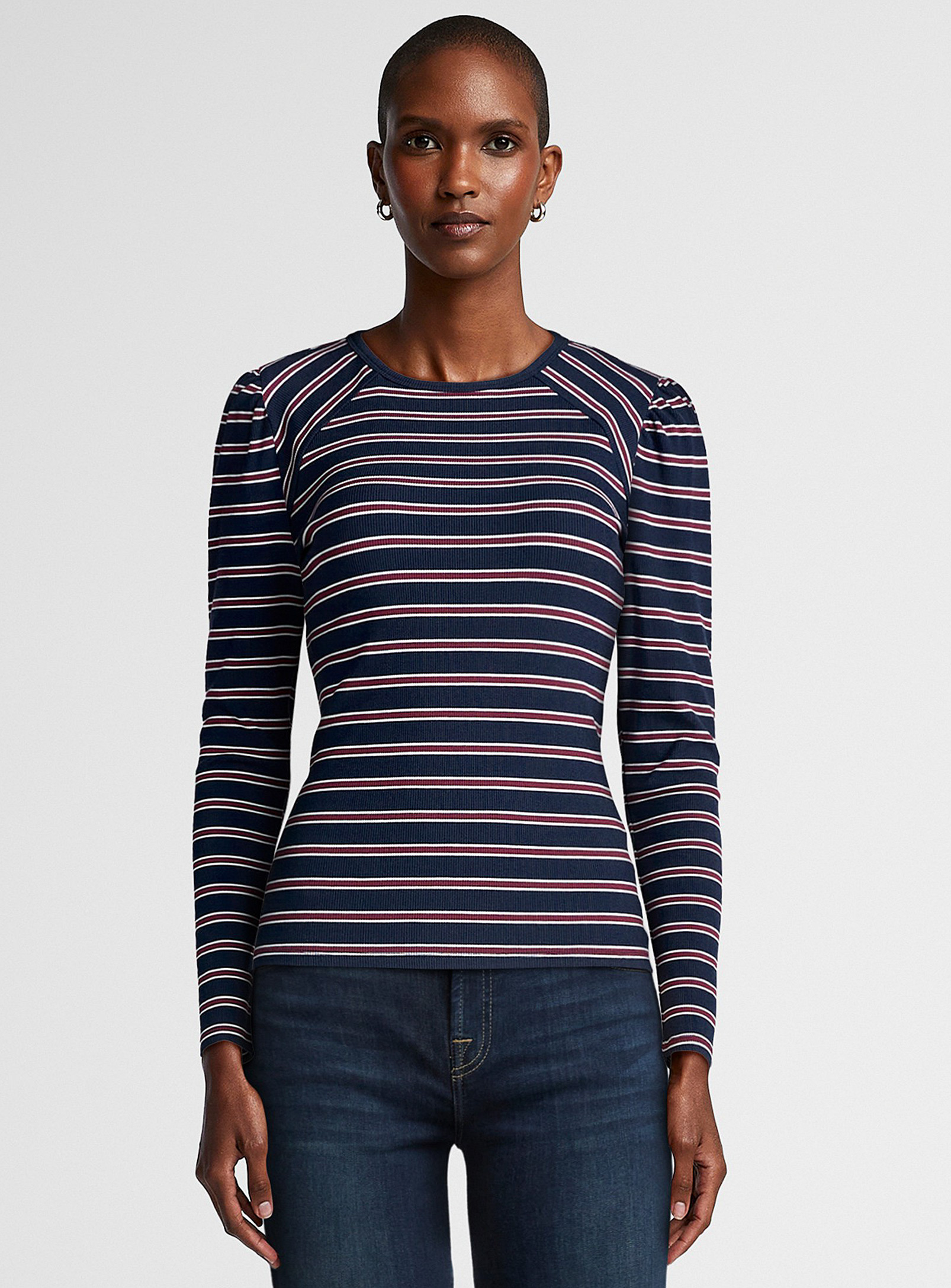 Contemporaine Gathered Shoulders Mini-ribbing Striped T-shirt In Brown