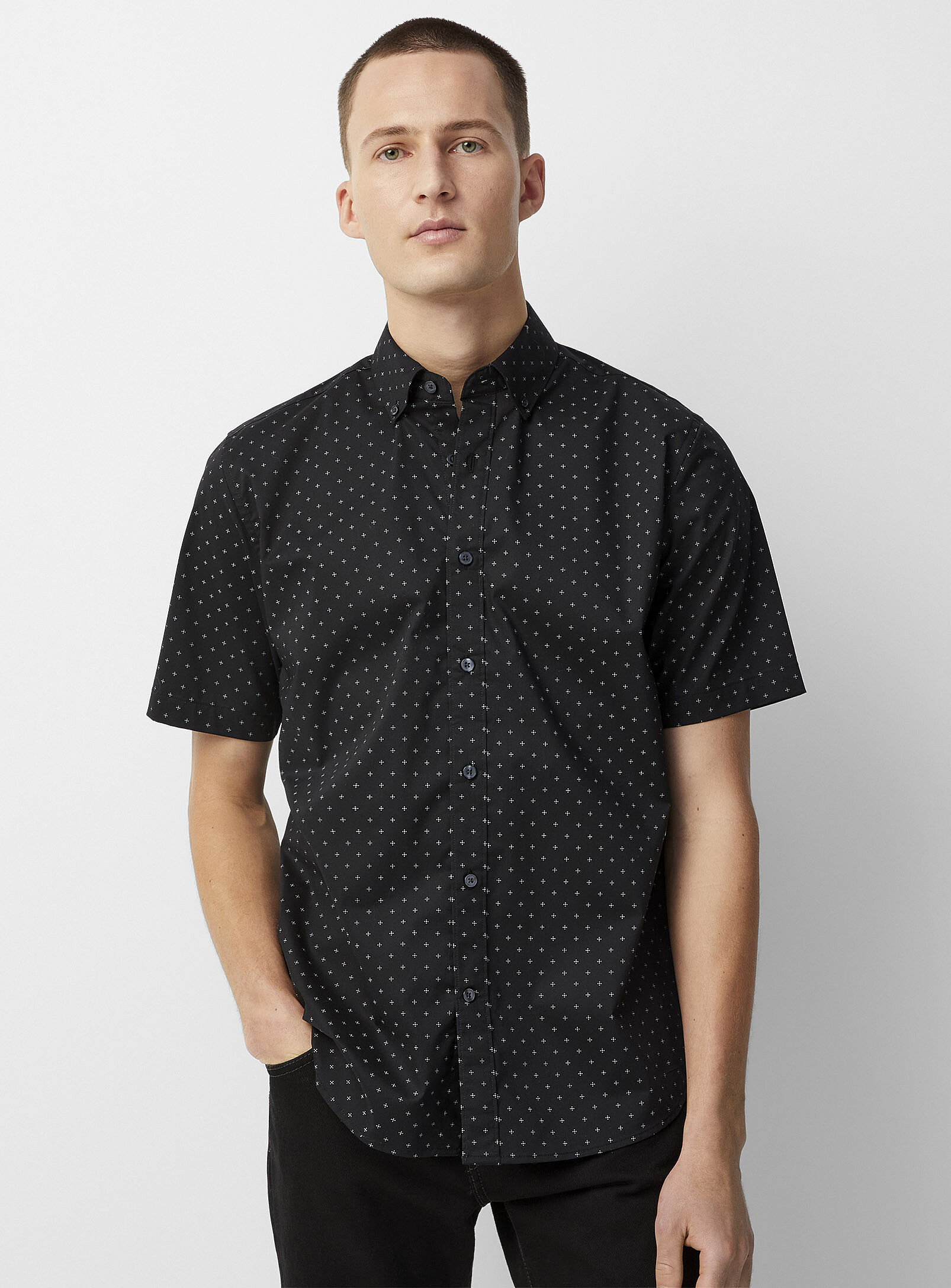 Le 31 - Stretch mini-pattern shirt Modern fit (Men, Black, MEDIUM)