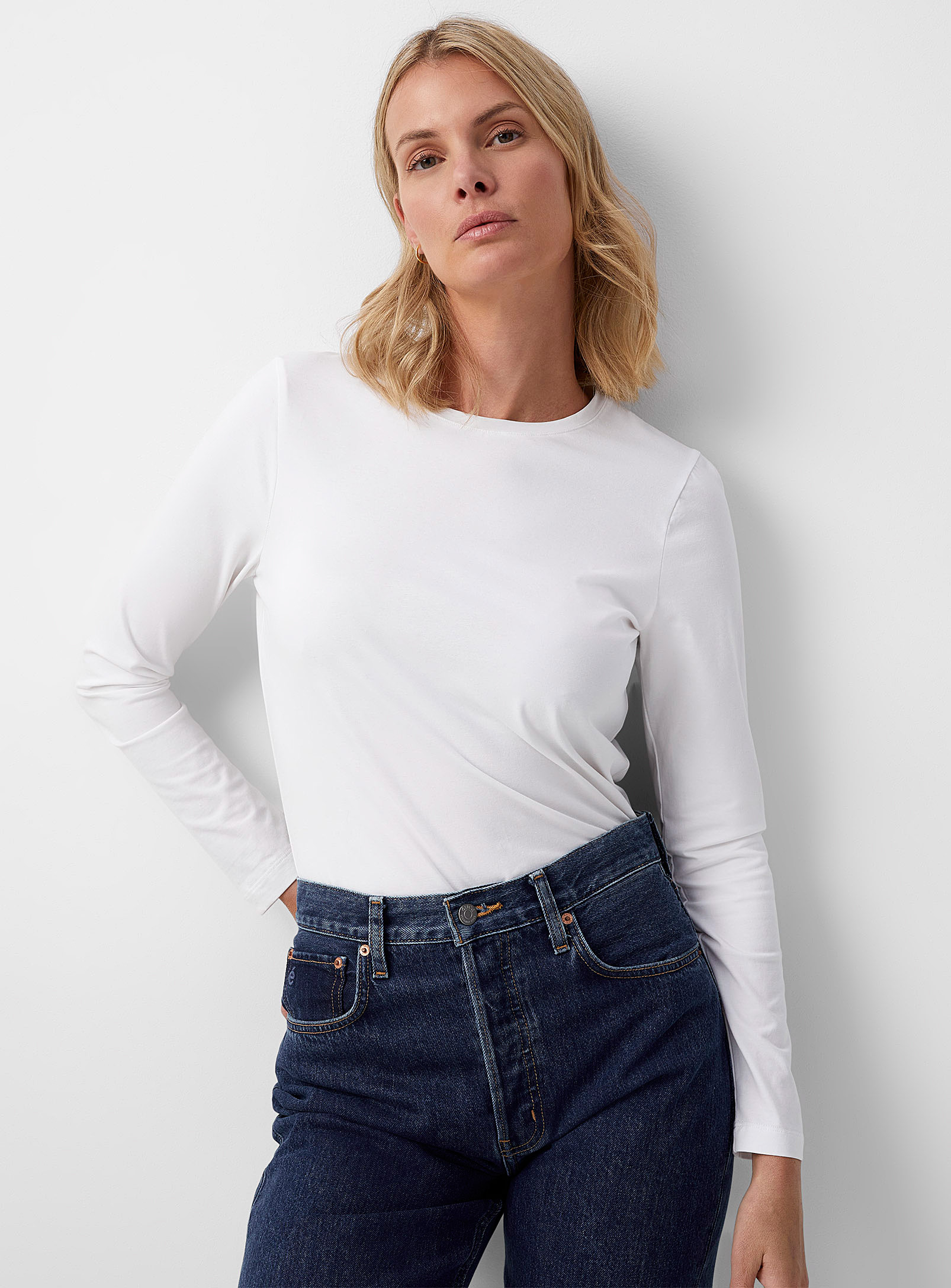 Contemporaine Supima Cotton Long-sleeve Tee In White