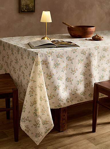 Simons Maison: La nappe fleurs et rayures touche de lin &Eacute;cru &agrave; motifs