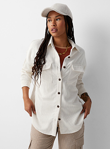 Twik Ivory White Oversized corduroy overshirt for women