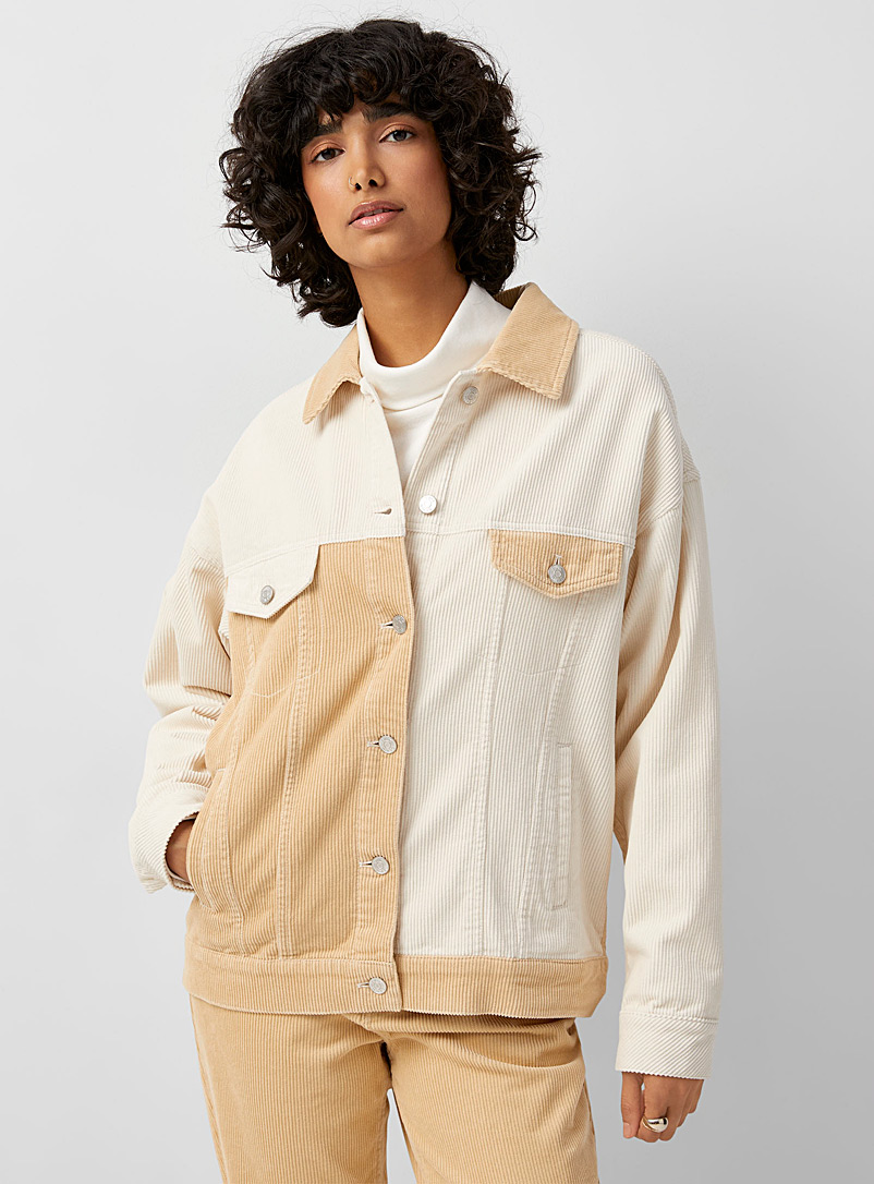 Twik Cream Beige Colour block corduroy jacket for women