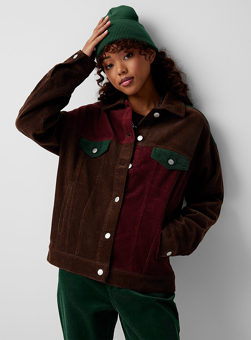 Twik Patterned Brown Colour block corduroy jacket for women