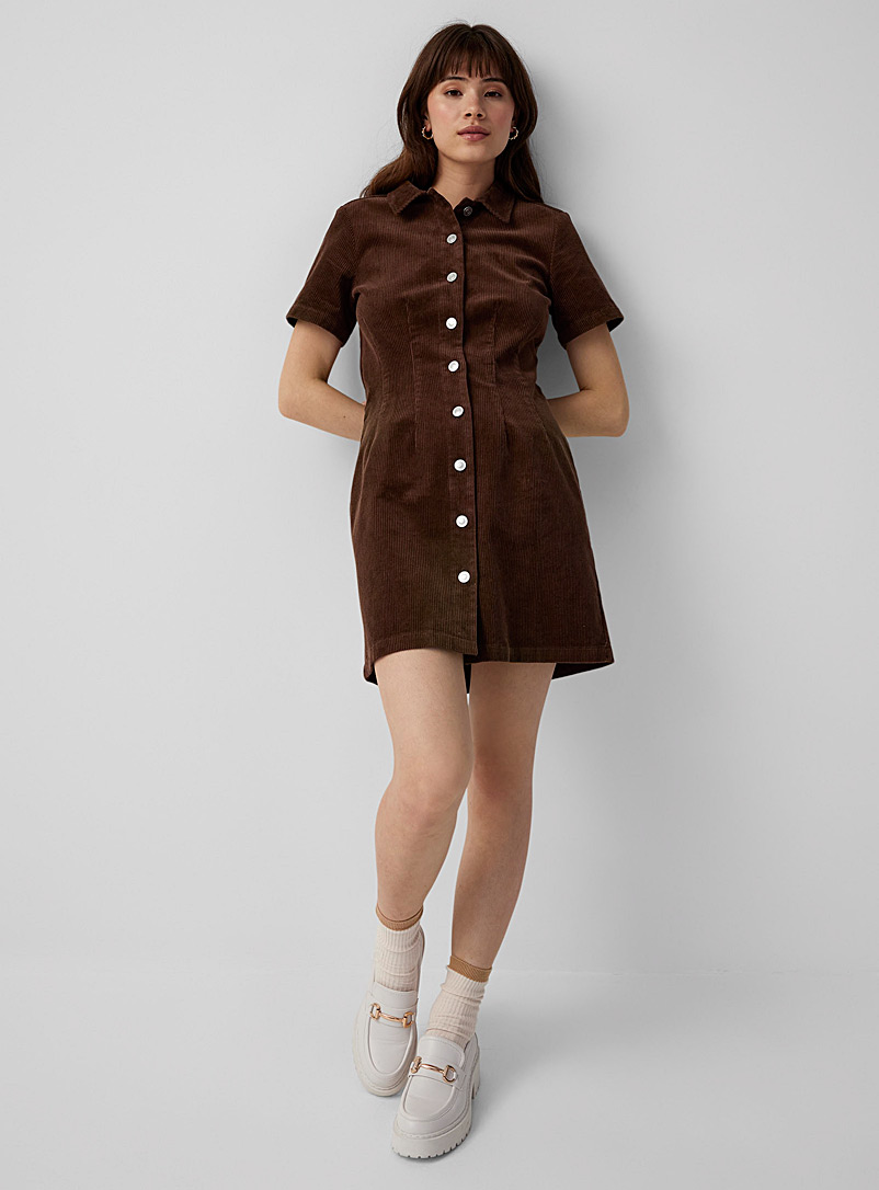 Twik Dark Brown Organic cotton corduroy fitted shirtdress for women