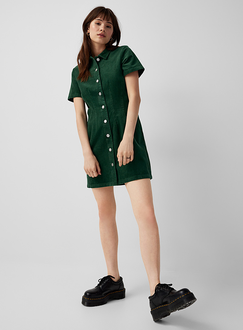 Twik Bottle Green Organic cotton corduroy fitted shirtdress for women