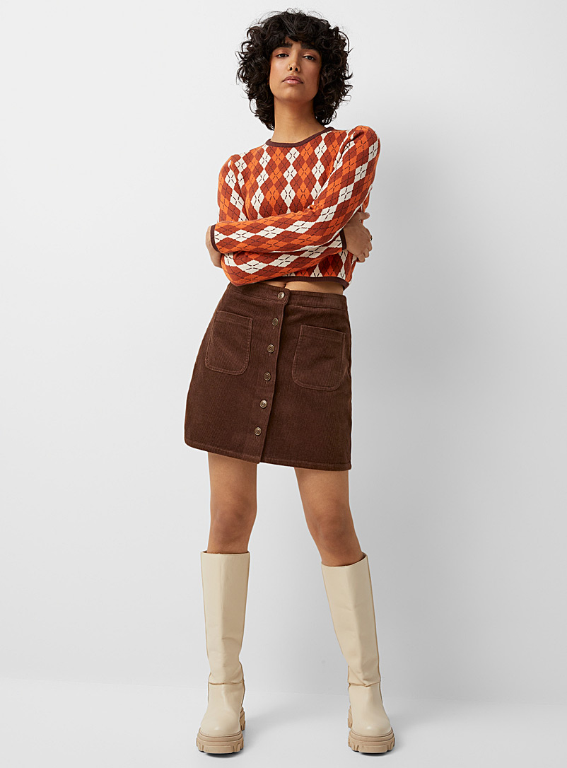 Twik Dark Brown Buttoned corduroy miniskirt for women