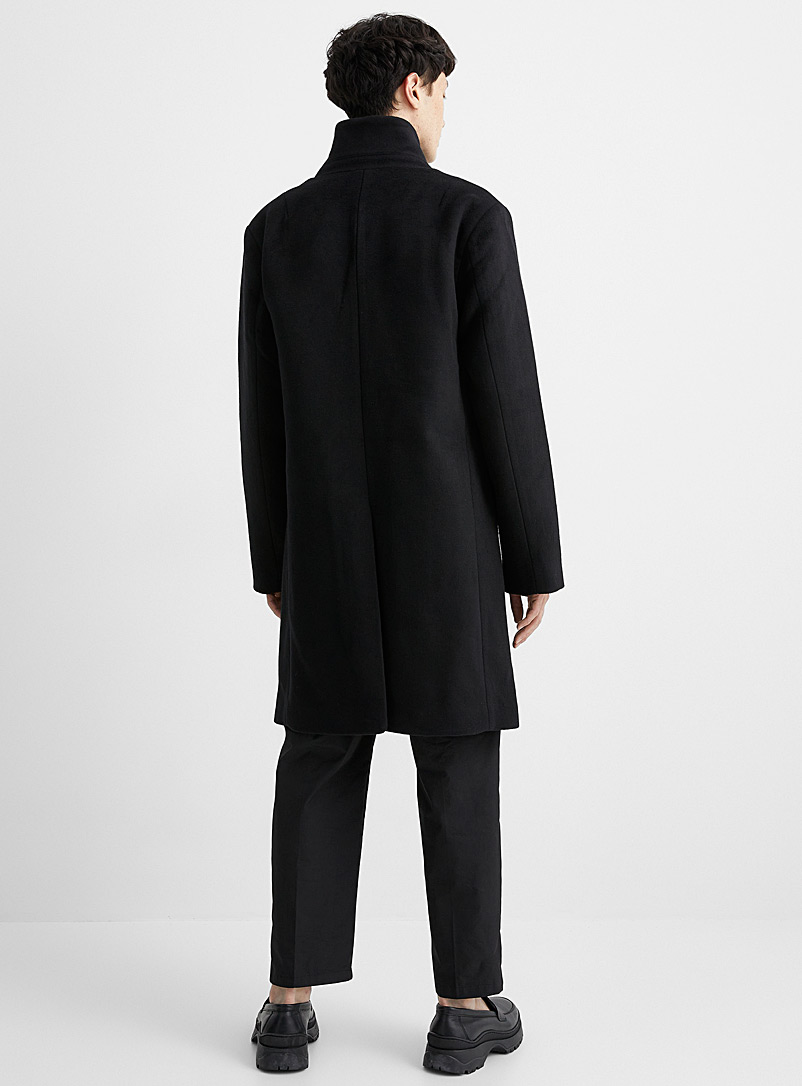 Le 31 Black Asymmetric-button recycled wool overcoat for men