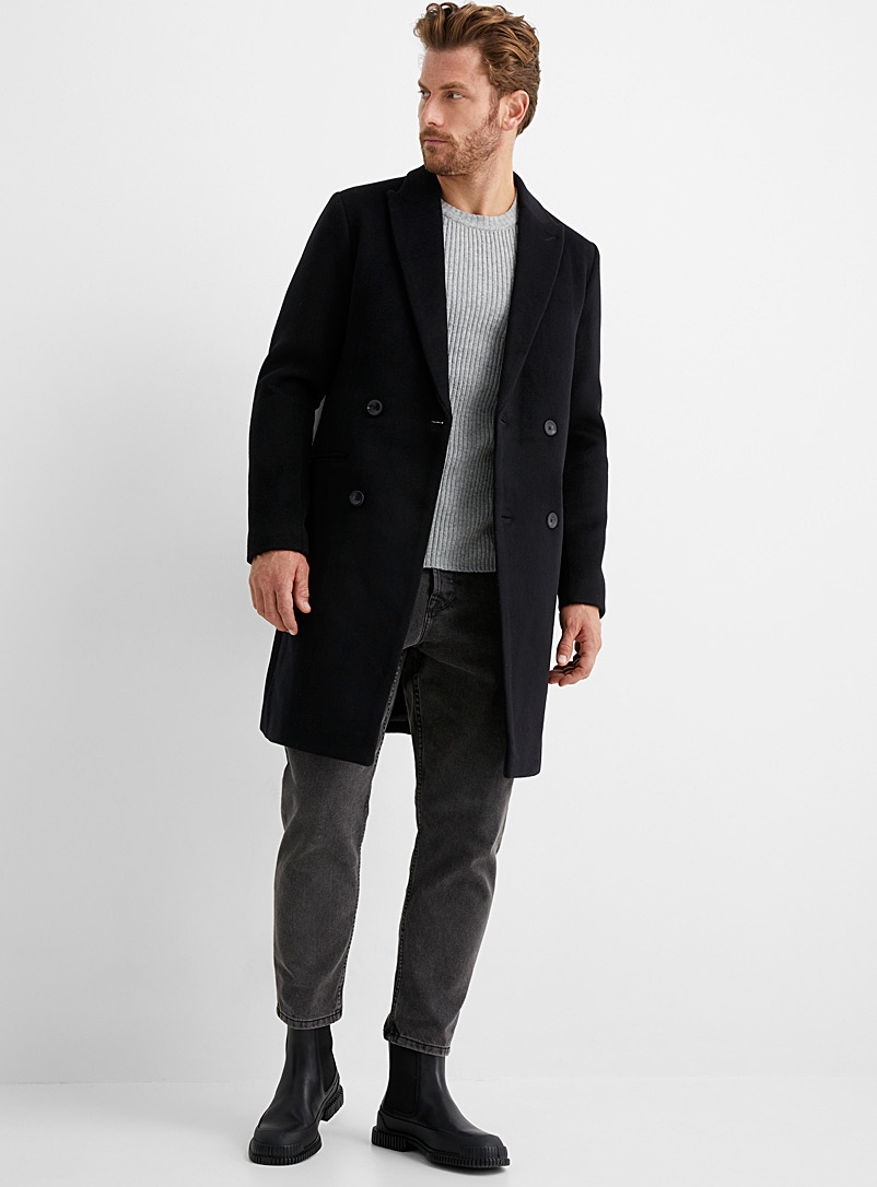 Le 31 Black Double-breasted recycled wool overcoat for men