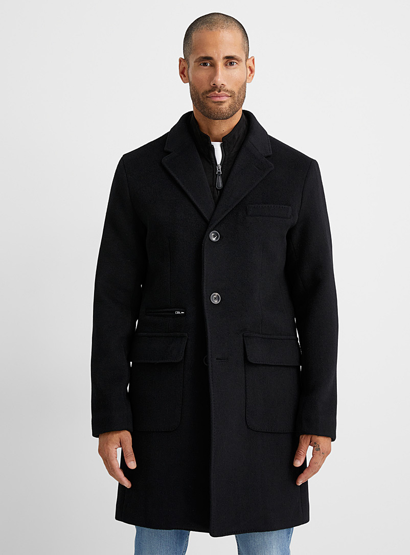 Le 31 Black Faux-suede bib overcoat for men