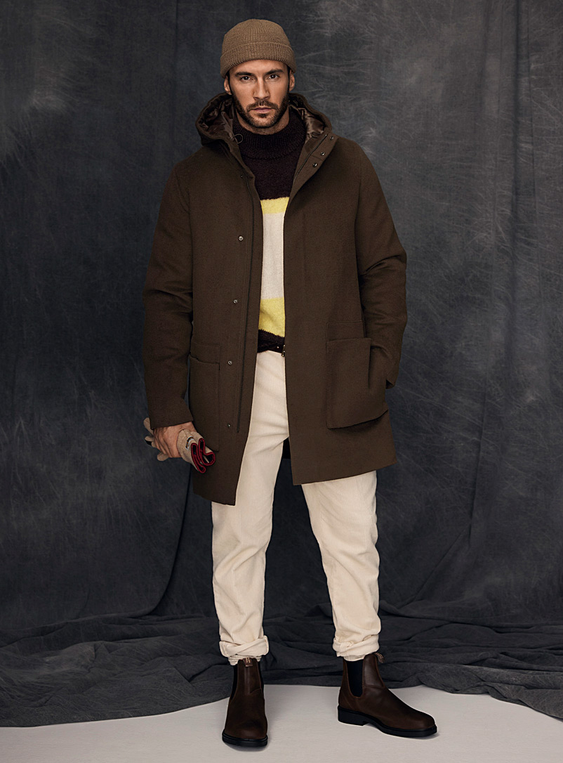 Le 31 Dark Brown Recycled wool hooded overcoat for men