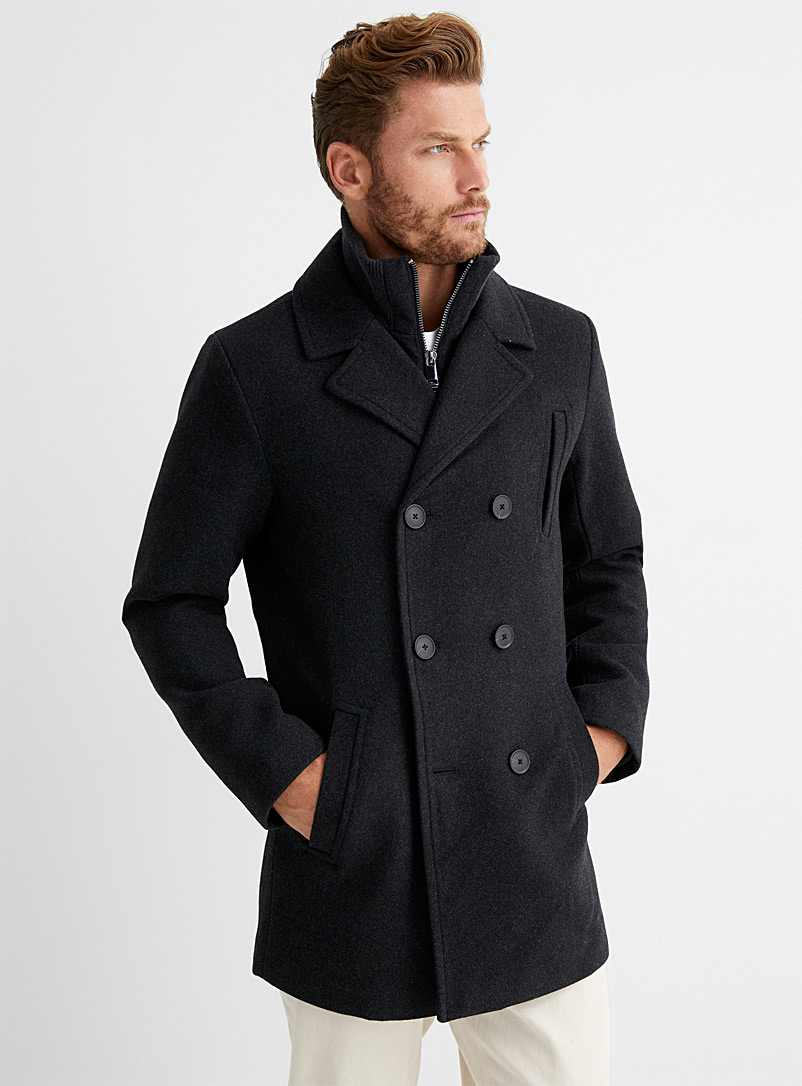 Le 31 Charcoal Double-breasted recycled wool peacoat for men