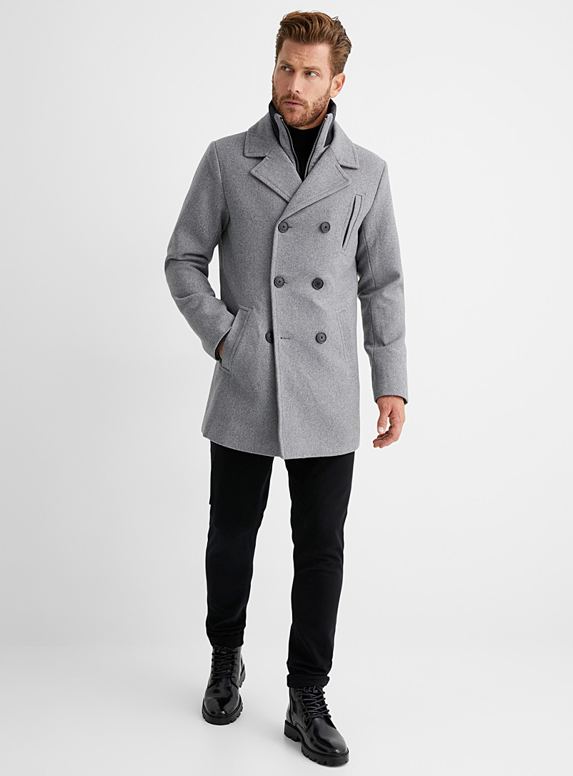 Le 31 Light Grey Double-breasted recycled wool coat for men