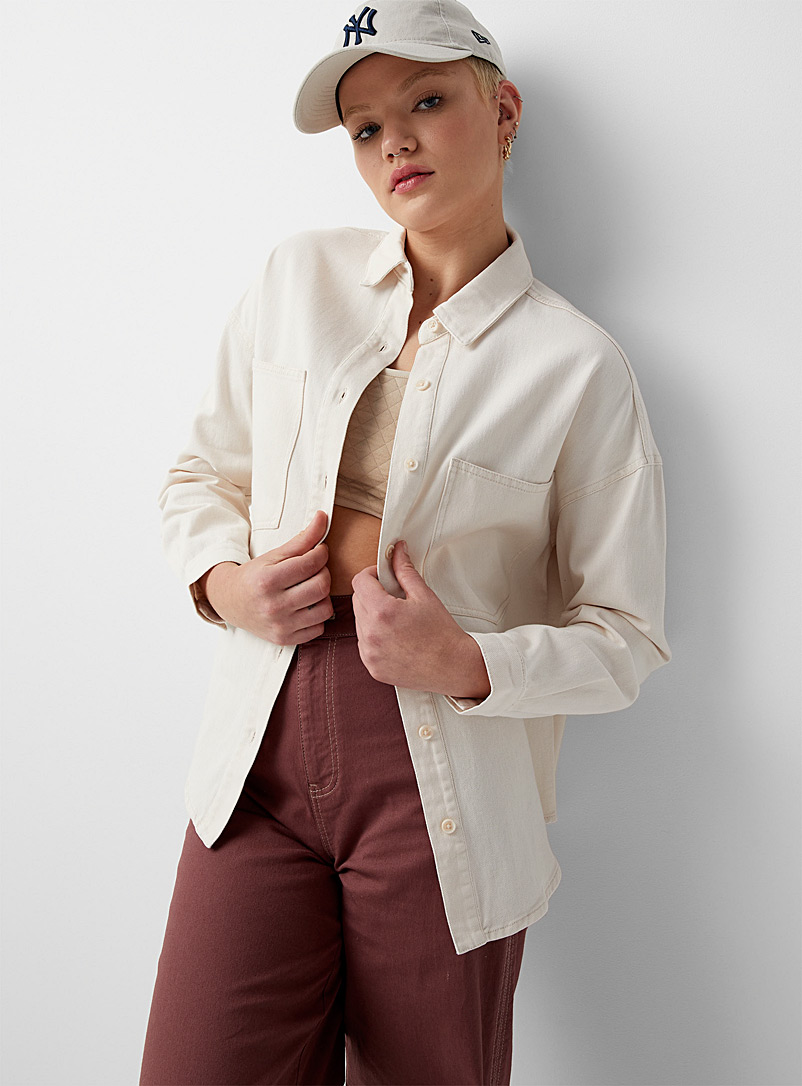 Twik Ivory White Twill overshirt with pockets for women