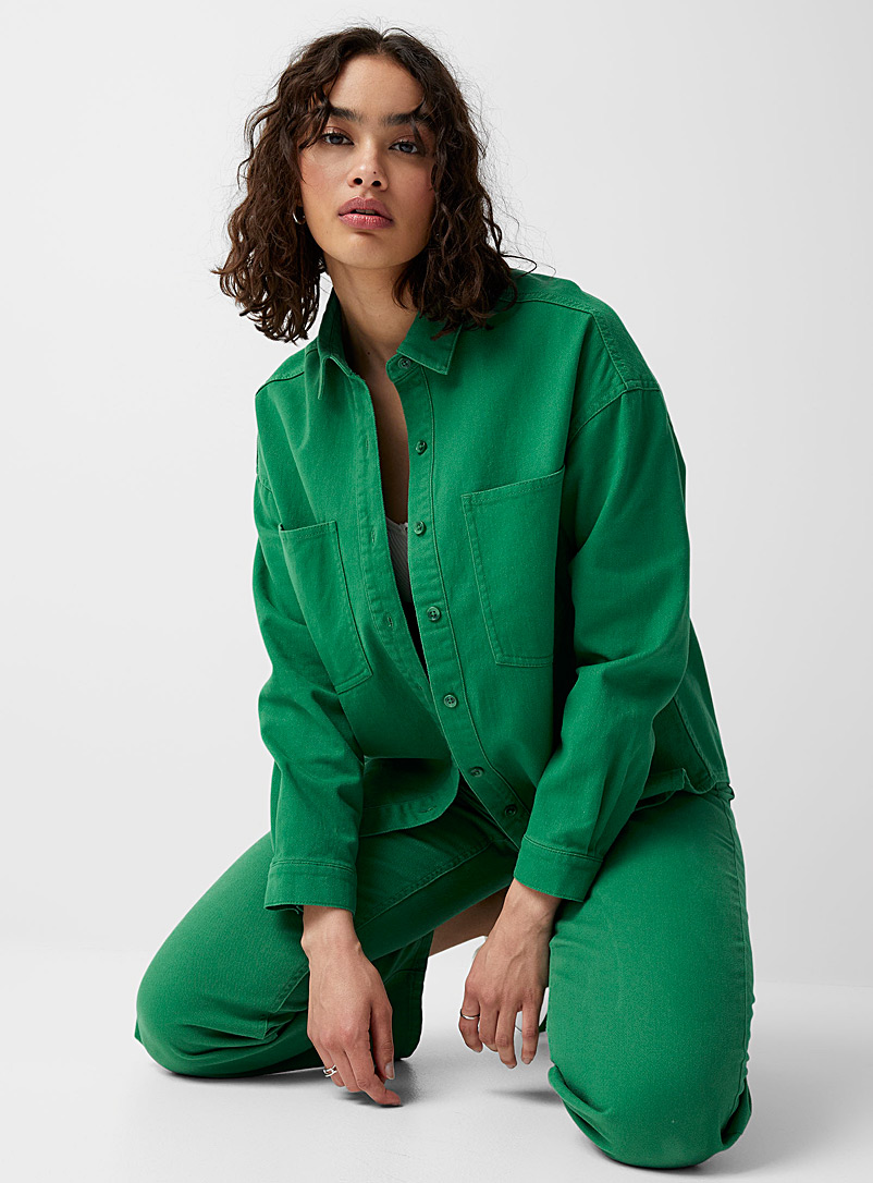 Twik Green Twill overshirt with pockets for women