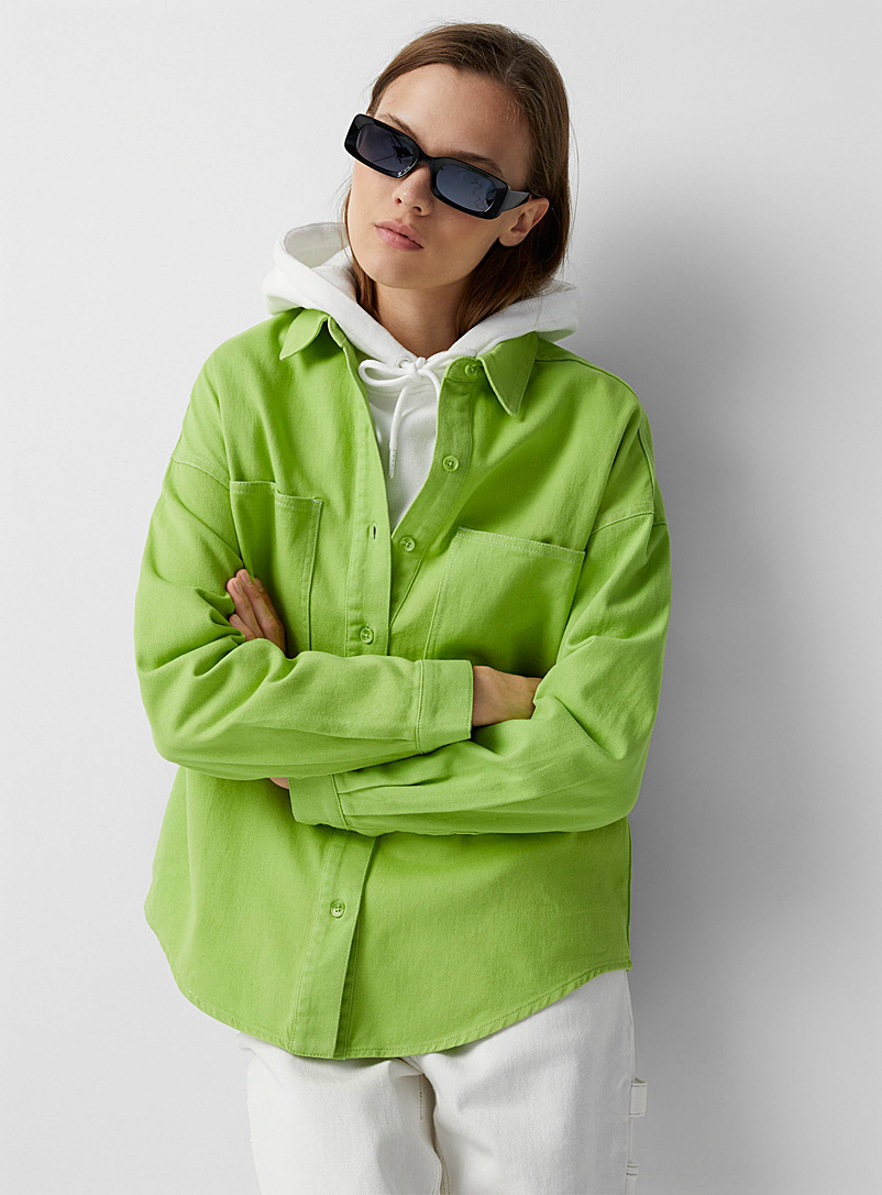 Twik Lime Green Twill overshirt with pockets for women