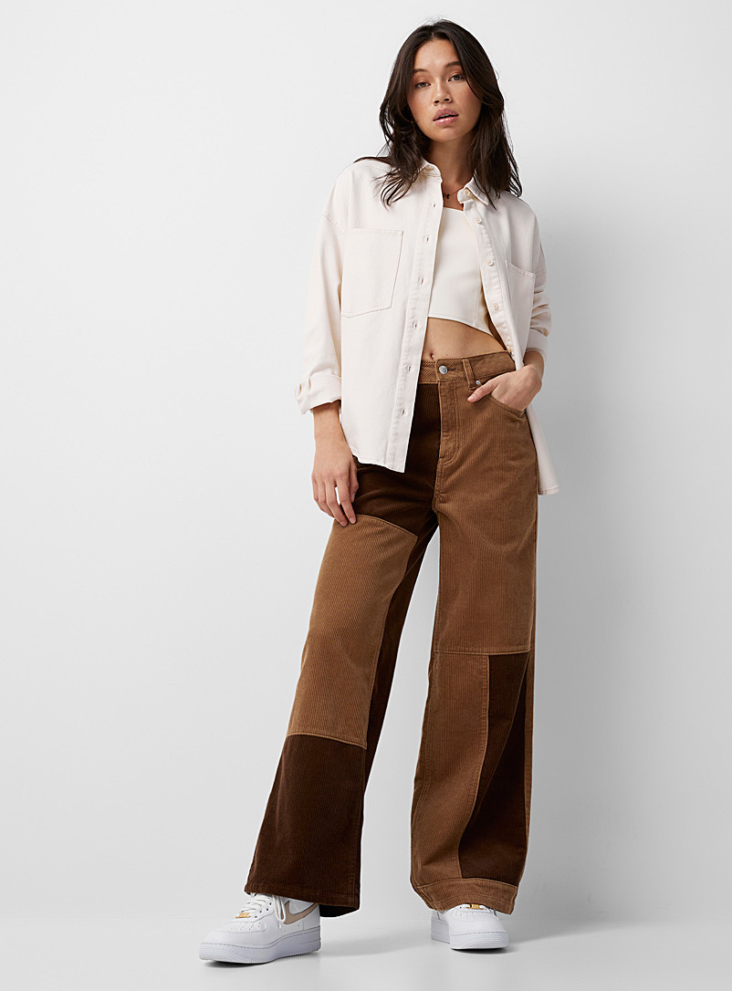 Twik: Le pantalon droit velours côtelé blocs de couleurs Brun à motifs pour femme