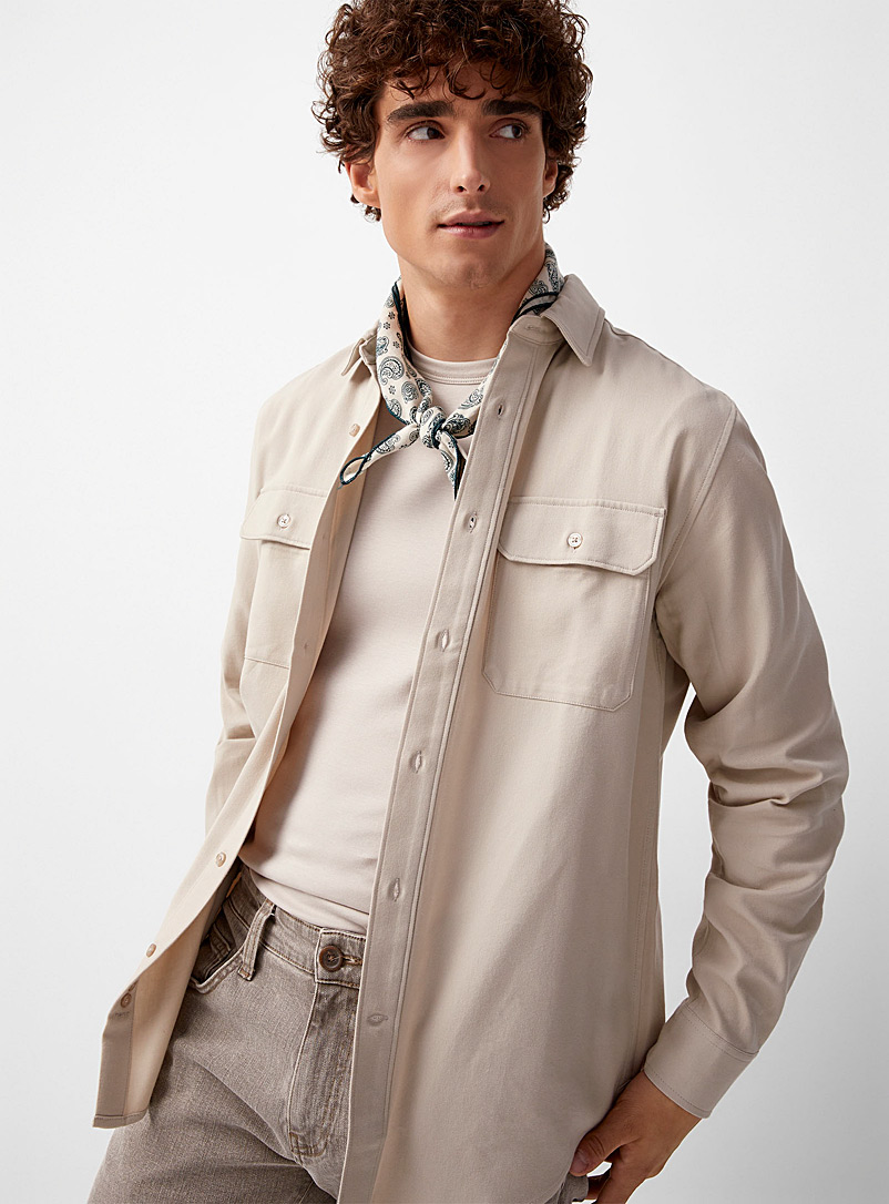 Le 31 Cream beige Soft twill utility shirt Comfort fit for men
