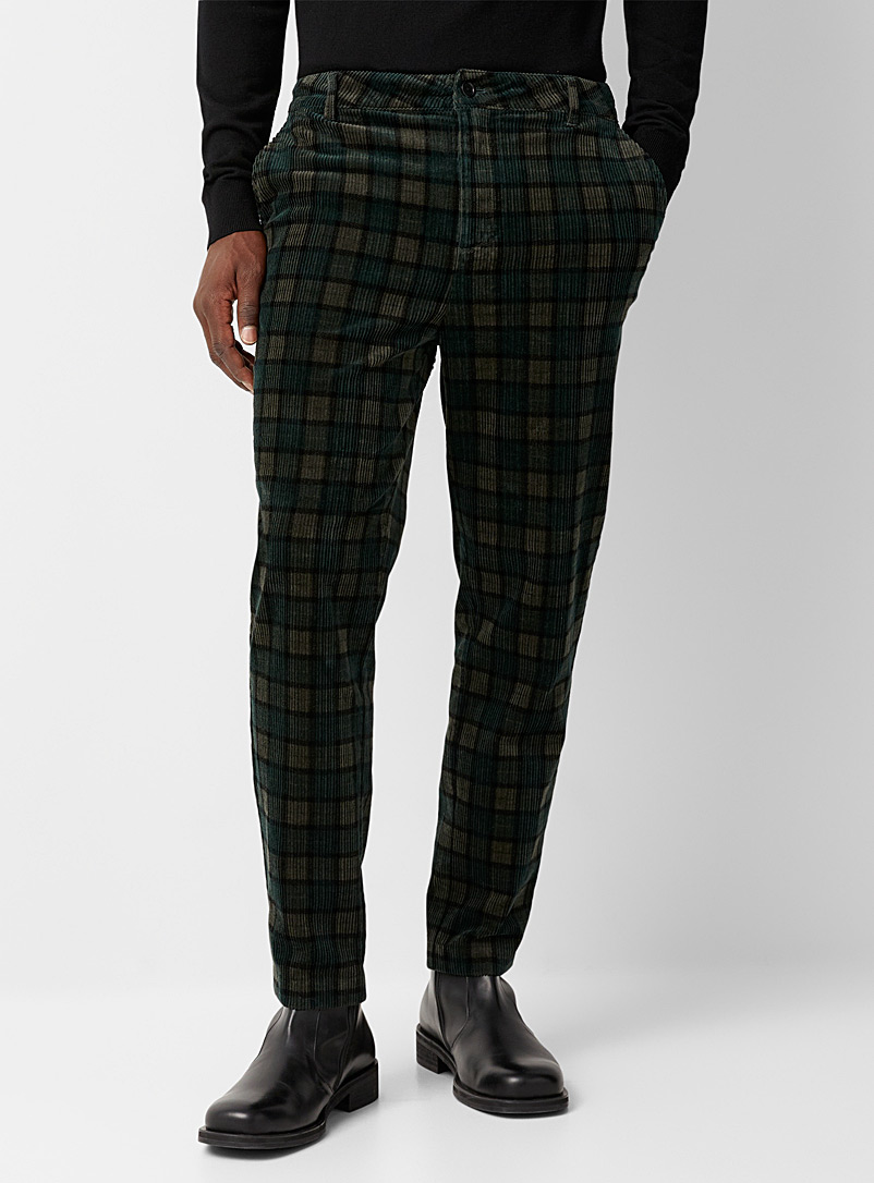 Le 31 Patterned Green Retro check corduroy pant Seoul fit - Tapered for men