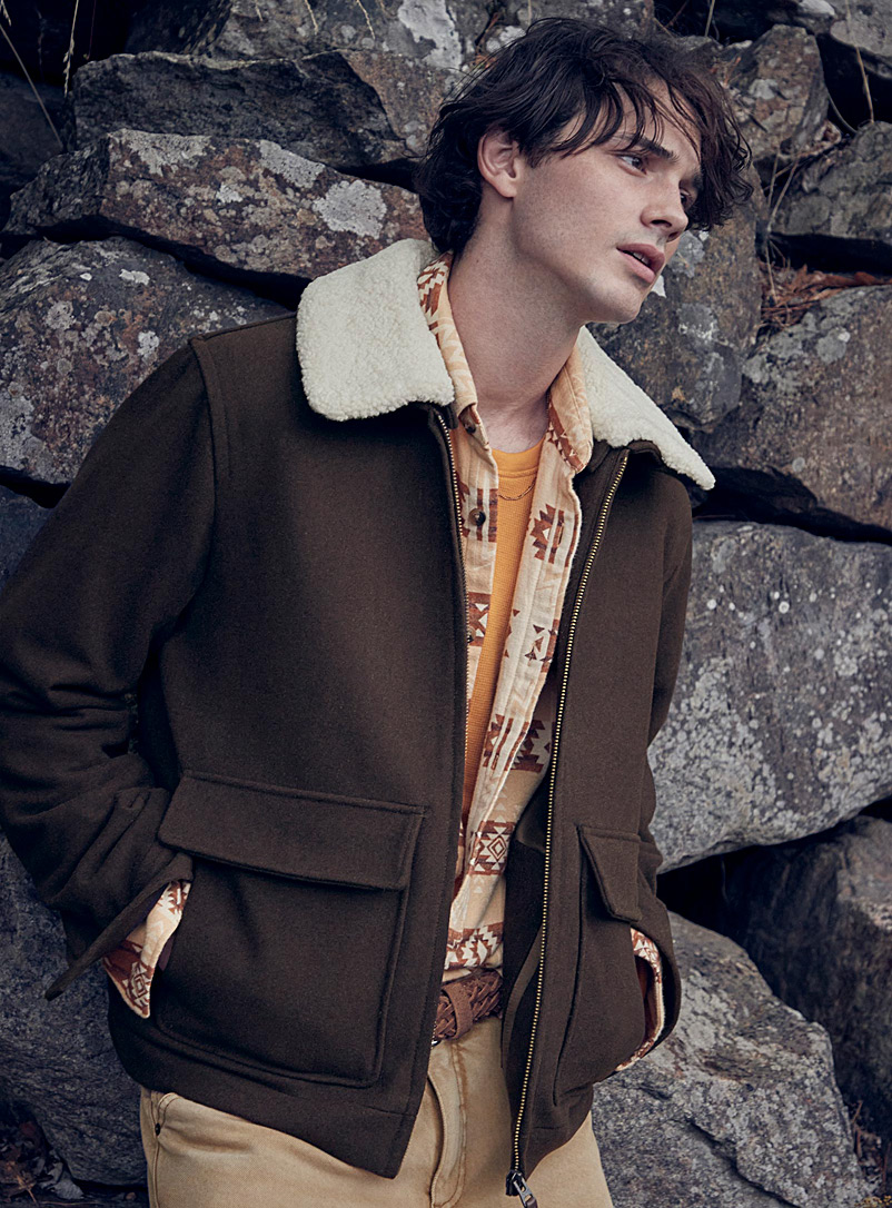 Le 31 Dark Brown Sherpa-collar felt jacket for men