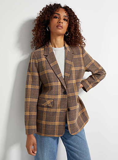 Icône Patterned brown Oversized reprocessed wool blazer for women