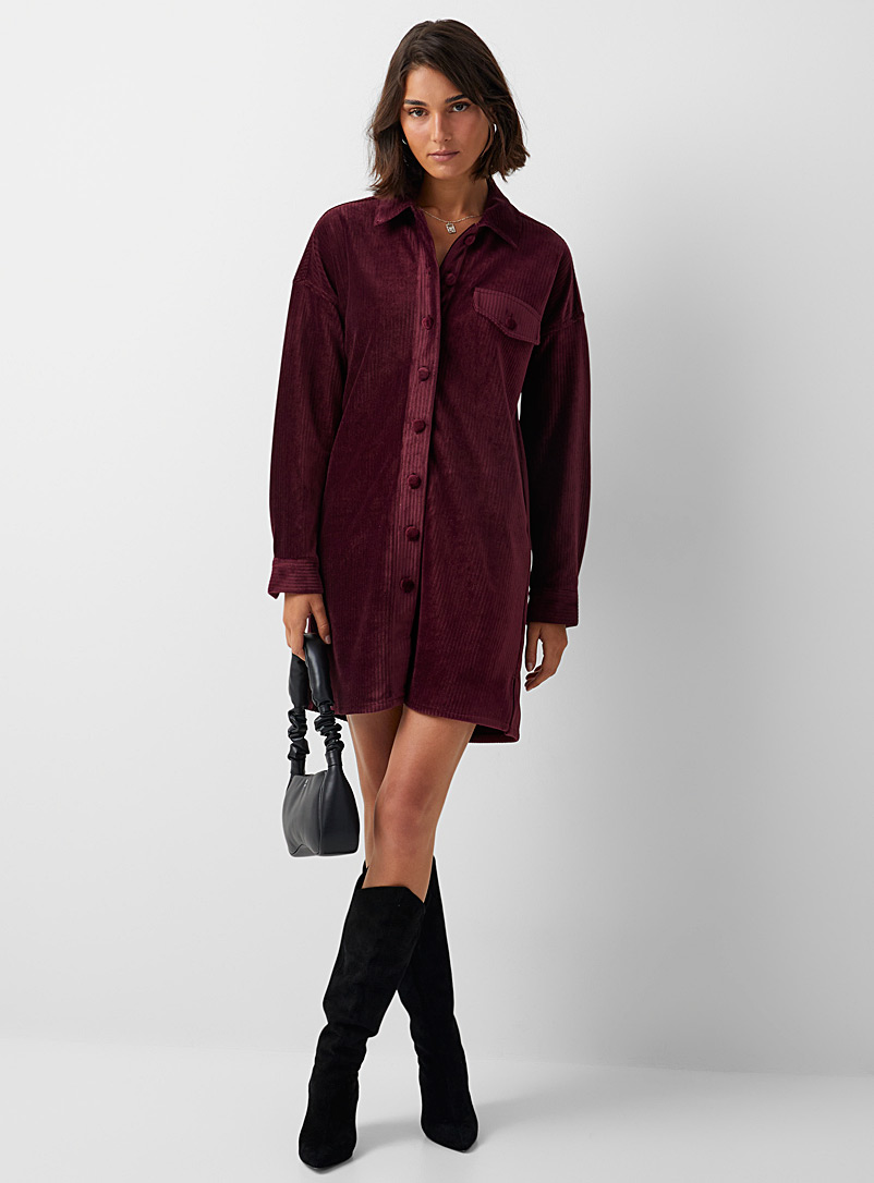 Icône: La robe chemise ample velours côtelé Rouge foncé-vin-rubis pour femme