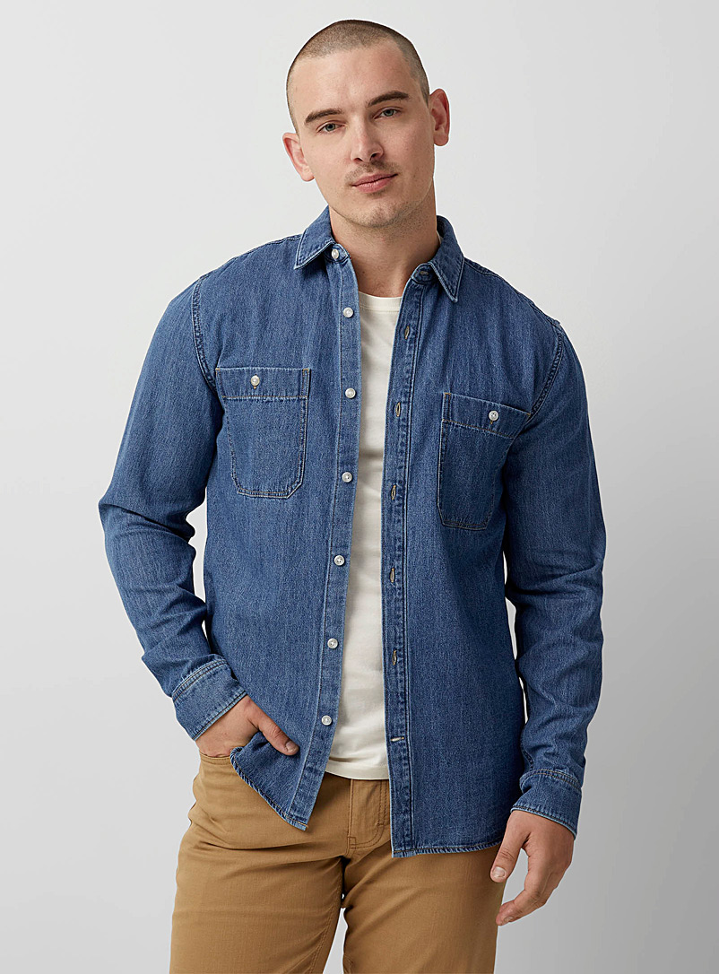 Le 31 Slate Blue Minimalist denim shirt Modern fit for men