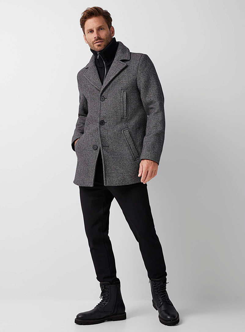 Le 31 Patterned Black Double-collar semi-plain coat for men
