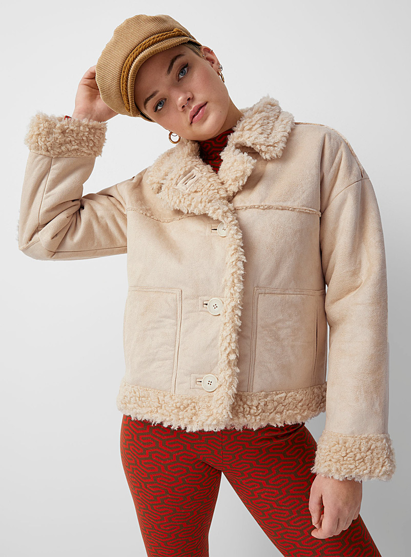 Manteau Vintage En Cuir Retourné Et Daim Beige Avec Doublure Laine - Taille XL - Occasion En Parfait état