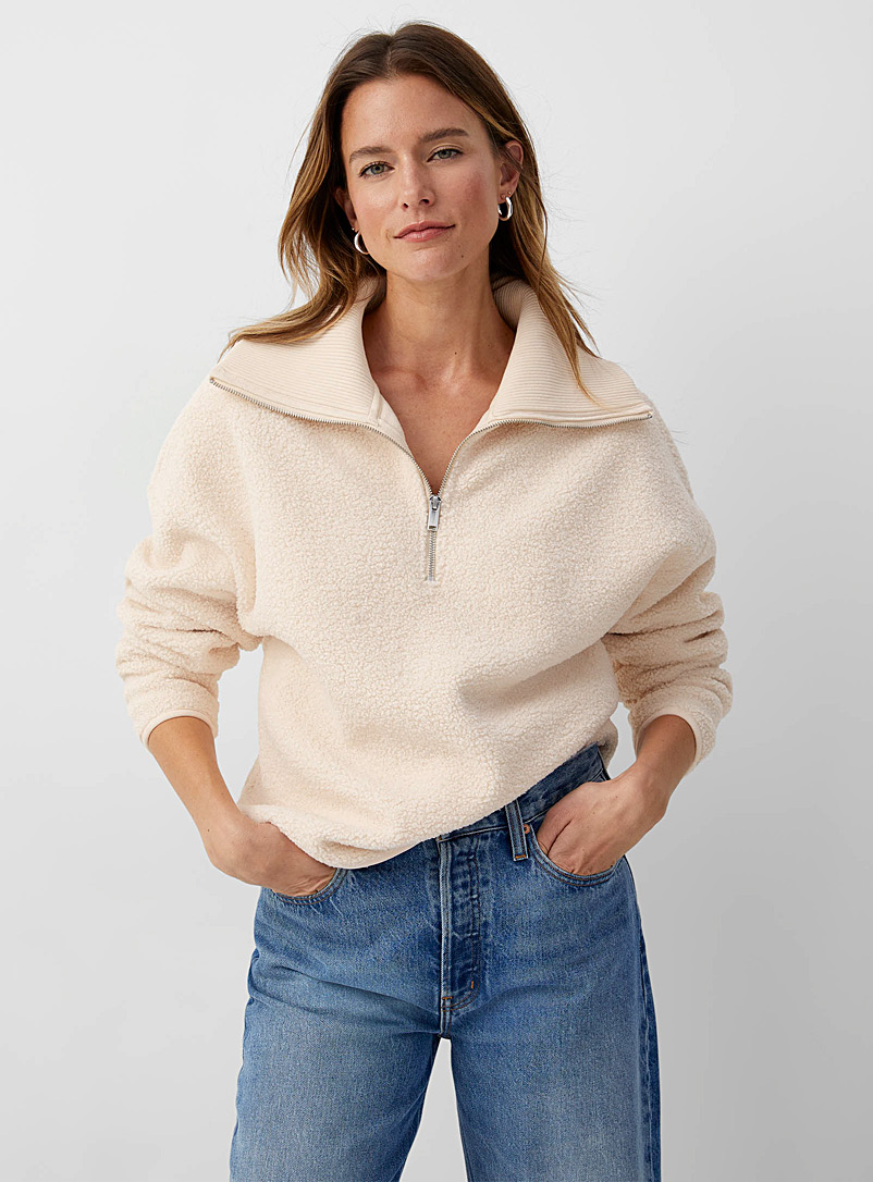 Contemporaine Cream Beige Zippered collar sherpa sweatshirt for women