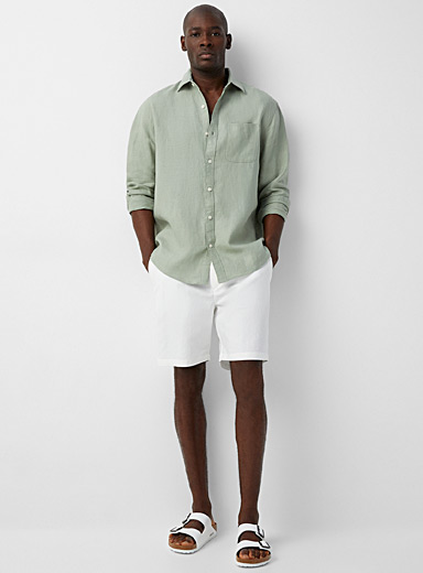 Le 31 White Comfort-waist cotton-linen short for men