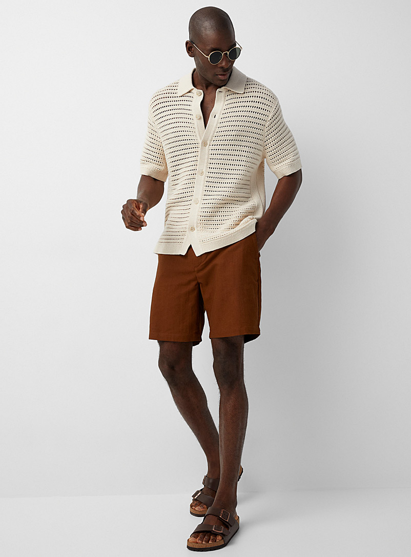 Le 31 Brown Comfort-waist organic cotton and linen Bermudas for men