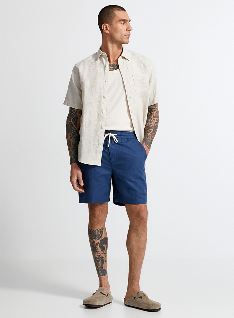 Le 31 Slate Blue Comfort-waist cotton-linen short for men