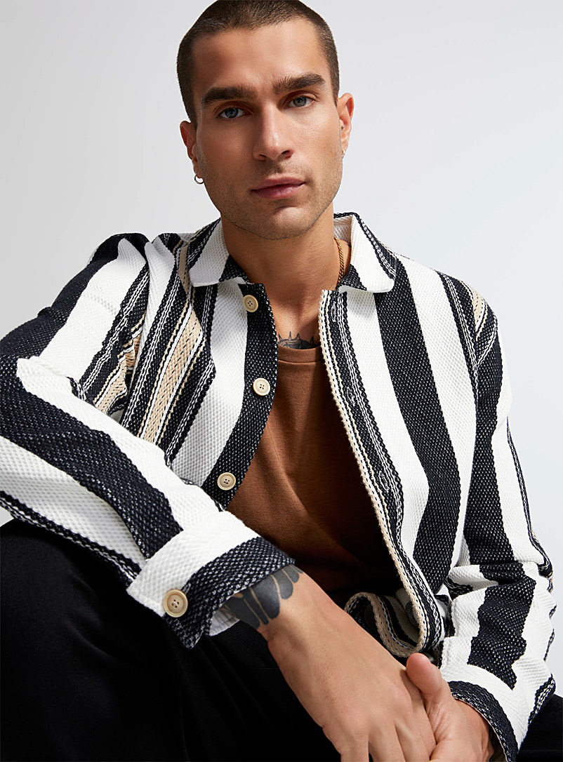 Le 31 Black and White Striped knit overshirt for men