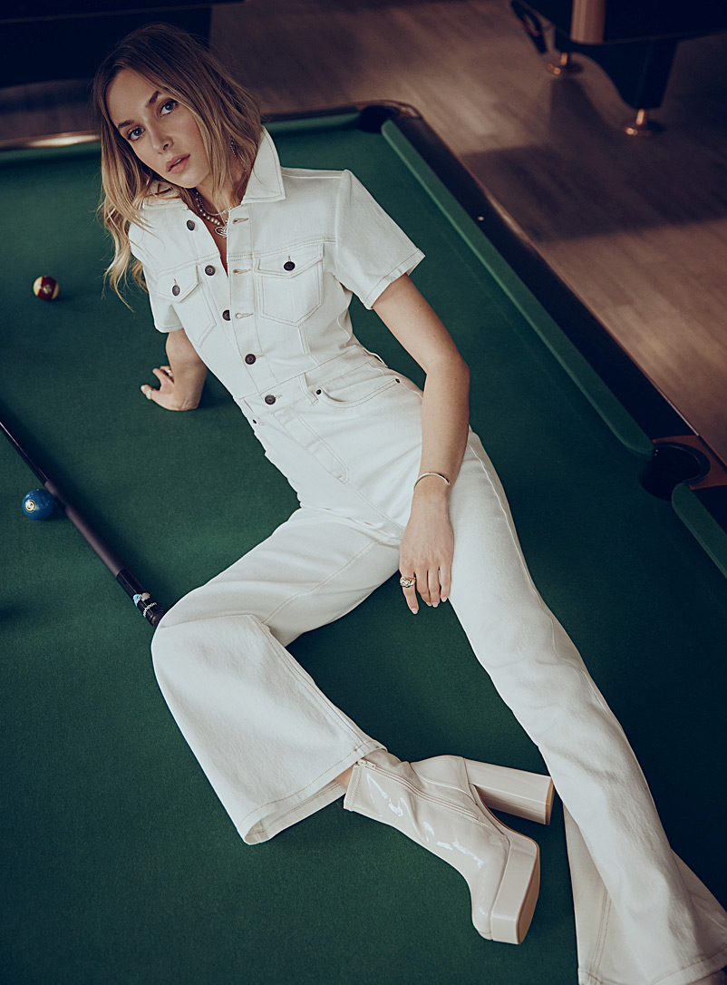 Icône White Button-up denim jumpsuit for women