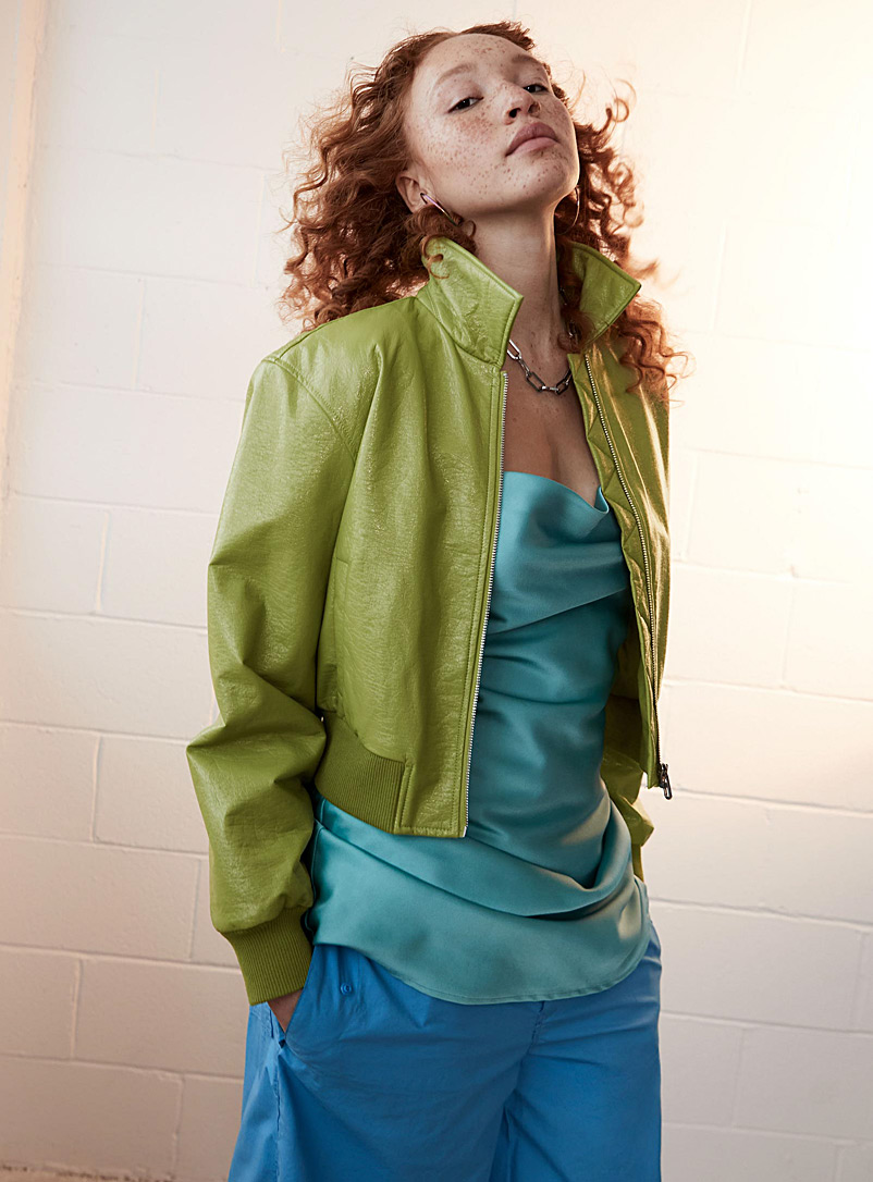 Twik Green Grained and glossy faux-leather jacket for women